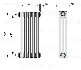 Схема (чертеж) Радиатор Zehnder Charleston 3100/5 №1270 Белый глянцевый RAL 9016